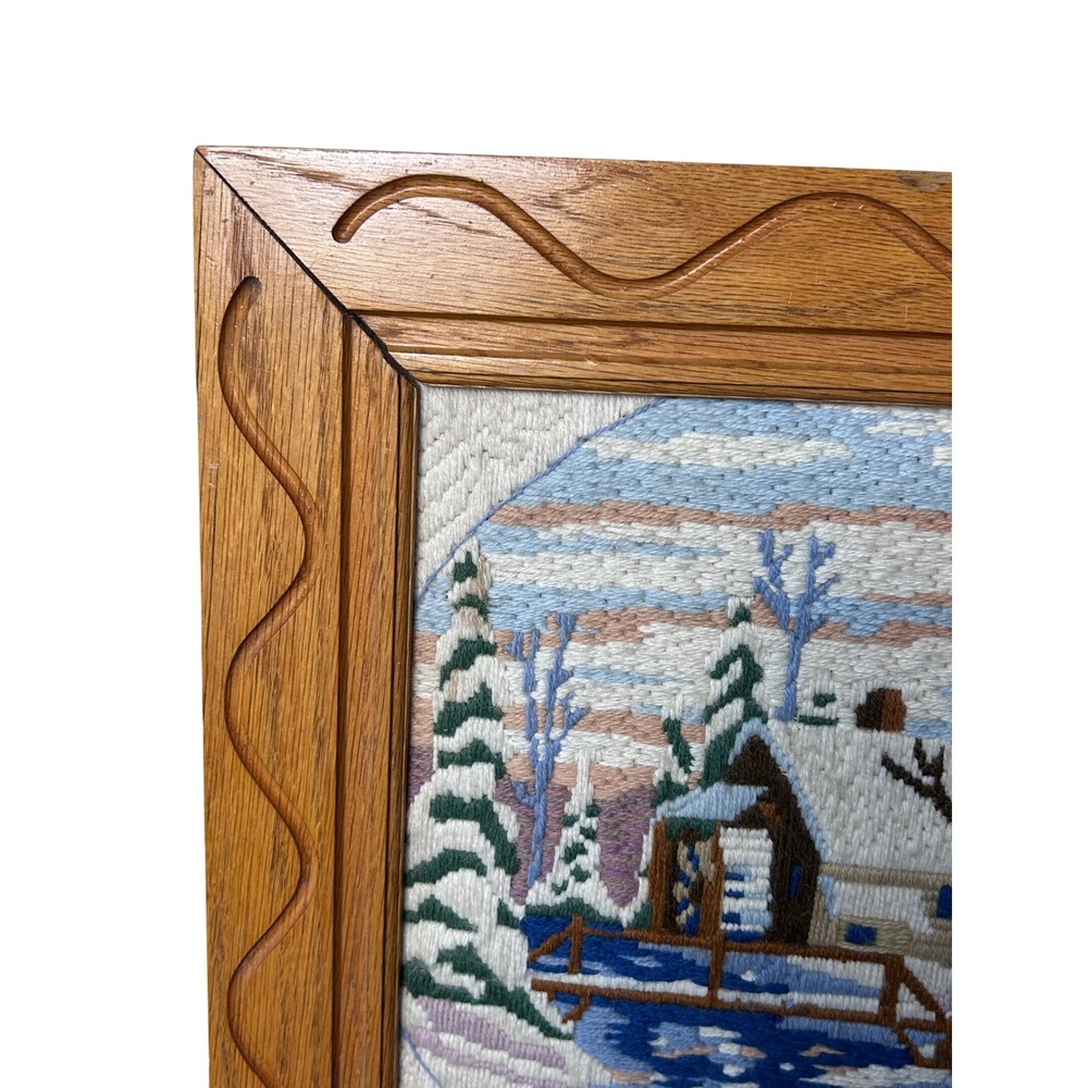 Vintage Crewel Yarn Embroidered Winter Scene Cabin River Framed Wall Art 20x15 - Picture 4 of 7